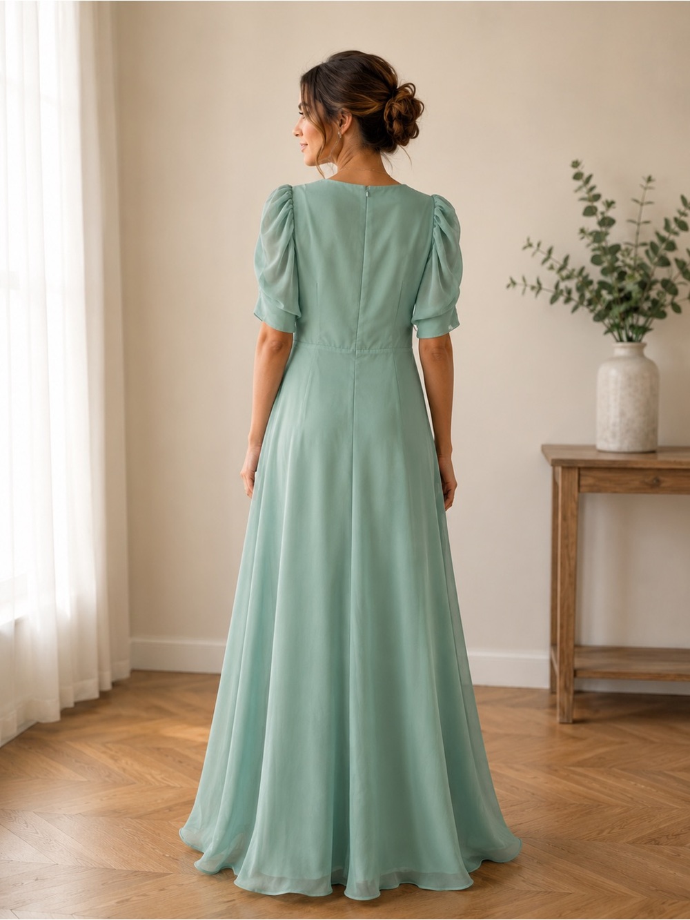 Women’s Mint Green Maxi Dress XL Puff Sleeve Formal Evening Gown NWT - Picture 2 of 6